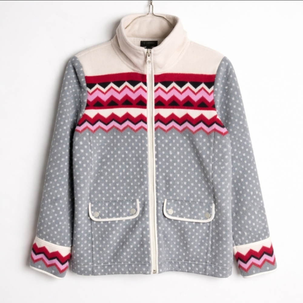 Talbots Polka Dot Nordic Chevron Full Zip Fleece Size Small Petite